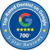 Top rated dentist on Google over 700 5 star reviews badge