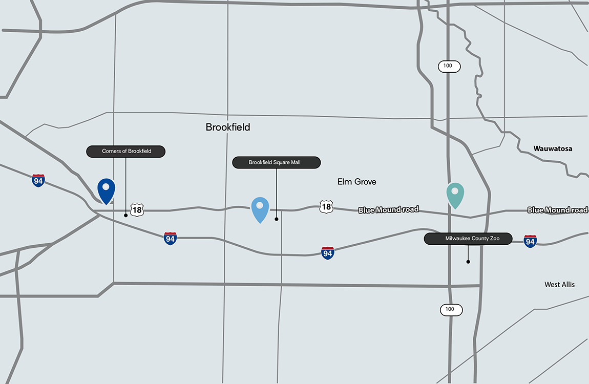 Map showing locations of three dental offices in Wauwatosa and Brookfield