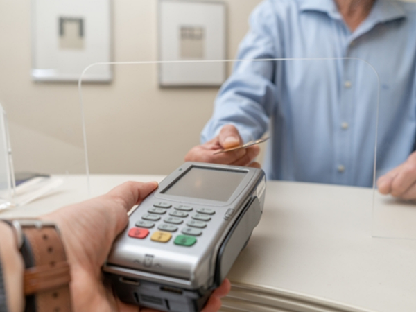 Man swiping his payment card at front desk