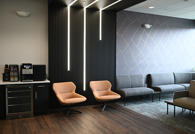 Chairs and beverage station in reception area